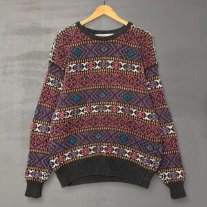 Vintage Northern Isles Sweater Grey Multi Fair Isle Hand Knit Crewneck Large